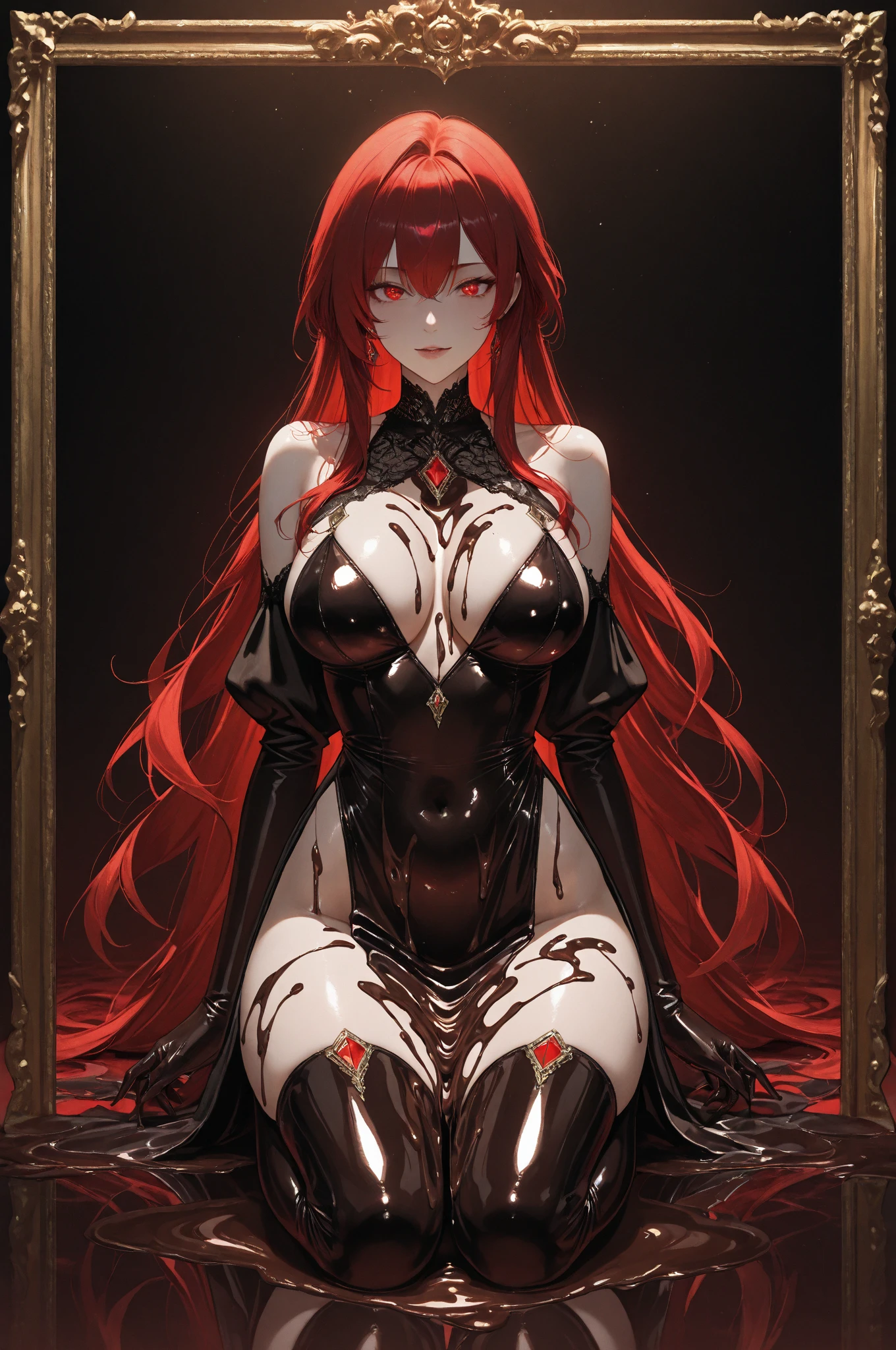 A anime cgi surreal fracta full body white demon long hair wrapped skulls ram on her face VR glass, wearing red dirty victorian intricated gothic dress, creacked tooth and mouth, surreal black and red, cybernetic red dreadlocks The screne is intricately detailed, glossy, and shiny, with bright contrast, rendered in a style similiar to a oktan render sample 400 a necro with long lighting red hair squattin in front of a korosi wall, glowing long robes, inspired by muse,