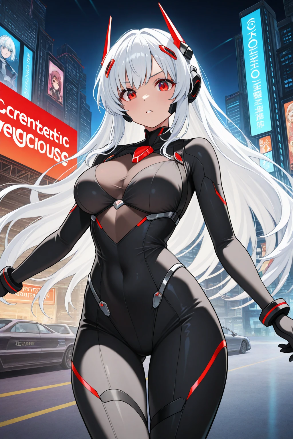 anime girl, fox girl, long platinum hair, beautiful yellow eyes, Mecha suit figure, nice background of rainy city, 8K, High resolution,sexy pose,big smile, large breasts, (fox girl:1.3), fox ears, fox tail,red mecha suit