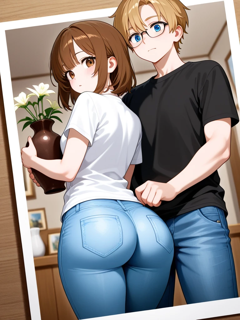 older man clap on young jeans ass from brunette woman