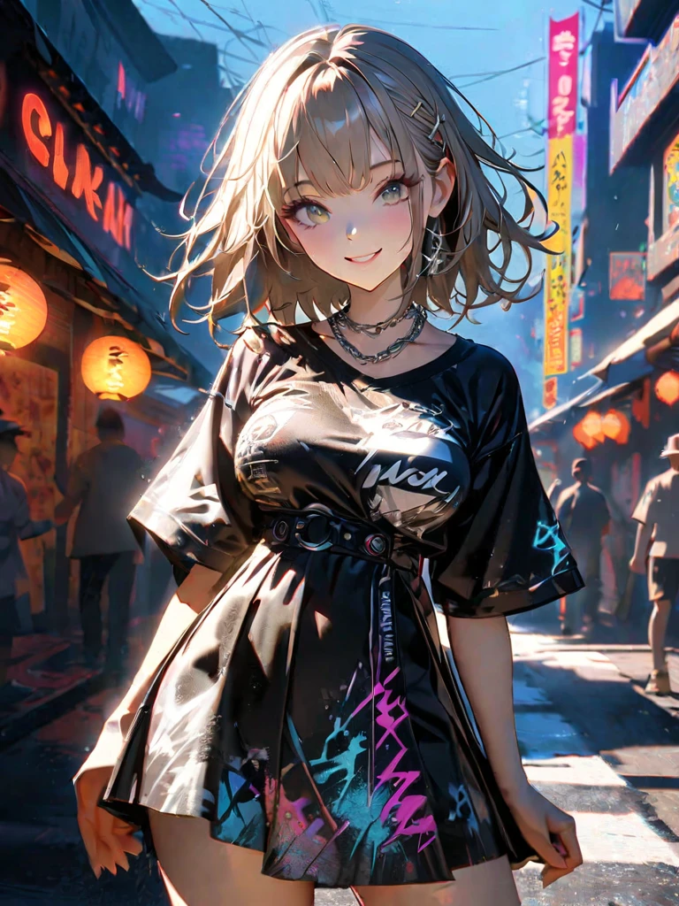 1 girl, chromatic aberration, Written boundary depth, Soft Light, masterpiece, Highest quality, complicated, Tone Mapping, A place where fireworks are set off at festivals. Concept Art, Smooth, Clear focus, Dramatic lighting, Very cinematic, super practical painting, アートステーション's trending, 8k, Incredible Shadows, practical, whole body, View, Viewers, Portrait of a Girl 1, standing on street corner, Heavy rain and lightning、Dark Sky, neon and cyber punk background, she is dressed in punk clothing with silver chains and silver spikes, Her hair was dyed light brown..........Ominous aura of light, smile, punk, ciber punk, Backlight.Fashionable clothes、Friendly dress code: yukata.My breasts are a little big