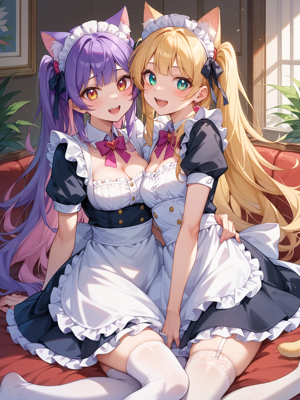infp young woman、lolita fashion、Katyusha、Mellow iridescent eyes、Floating hair、Anime Art Style、Looking at the viewer、huge smile、Full body、Rainbow Gradient Hair Color、Colossal tits、Short sleeves、Beautiful skin、Hallway of the mansion、nobles、sitting gracefully、a chair、Women hugging each other、Woman kissing on cheek