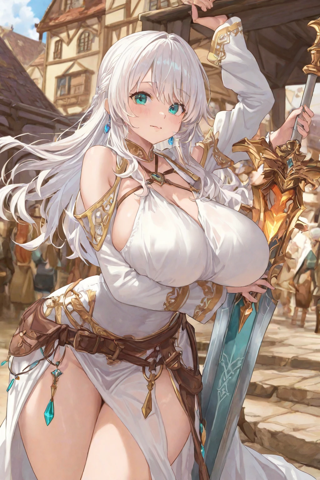 NSFW,(1girl), (lewd underwear) ((vulgarity) (in heat) (sweat) (masterpiece) (high resolution) (gigantic breasts)),(curvy),(pussy line),(cameltoe)sensual, long blonde hair, thick thighs, 8K, 4k, highest quality, (High resolution:1.6), cute anime face, noise reduction, (shining blue eyes, gentle smile, kind eyes)、toned abdominal muscles, muscular arms, muscular legs, young face, anime eyes, Sophitia Alexandra、(holding a sword in the right hand:1.5)、(Equipped with a shield on the left arm:1.5)、(SFW huge body:1.8)、knee high tights、beautiful hands
