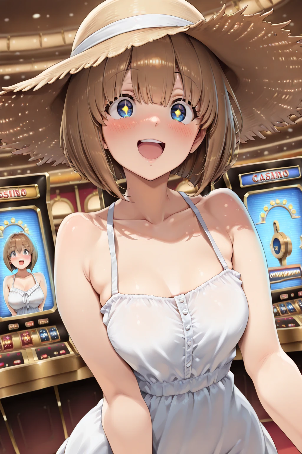Anime illustration、highest quality、cyber punk、Fantasy、Alice in Wonderland、Luxury Casino、A plump bunny girl with brown skin、Giant roulette wheel、Bunny ears、Perfect proportions、Big Breasts、Thick legs、Beautiful, shining eyes、smile