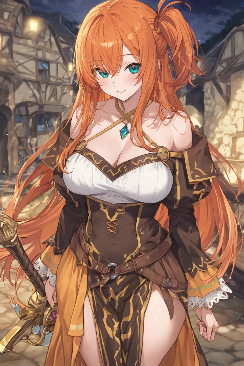 (masterpiece), (highest quality), (illustration), (super detailed), (high resolution), absurdity, 1girl,maple \(bofuri\), itai no wa iya nano de bougyoryoku ni kyokufuri shitai to omoimasu,fantasy town,high ,castle walls,night,blush,smile,cowboy shot,big breasts,cleavage,outstretched hand,long hair,orange hair,blue eyes,leotard,pointy ears,elbow gloves,thighhigh heels