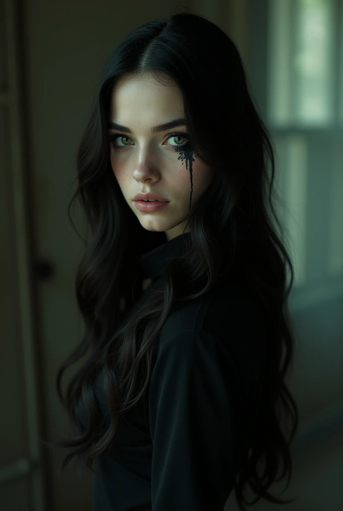 A sexy young male with teal blue eyes and long straight black hair, with pretty and delicate facial features, he is wearing gothic black clothes. His skin is pale and white. He has thick and shiny legs. (Male) (Black and purple) (Make it realistic) ((no facial hair)) ((no body hair))) ((masterpiece)) ((detailed) (((NO facial hair or body hair)) ((sexy)) (((show his full body)) (((he looks attractive)) (smirking) (he has gothic makeup on his face) ((show his whole body)) (MALE)) ((BOY)) ((NON-FEMALE))