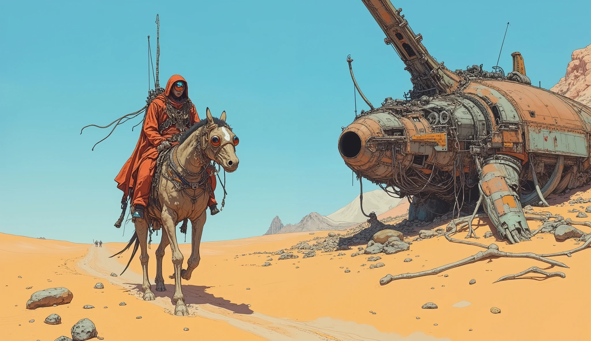 ((a lone traveler journeying across an endless desert under a vast blue sky)), ((the sun blazing overhead, casting high-contrast shadows on the sand dunes)), ((the horizon is sharp and distant, stretching with no sign of vegetation)),
((the traveler rides a large, alien beast with a tall, humped posture)), ((its skin is leathery and cracked, colored in dusty grays and sandy browns)), ((its legs are long and jointed, ending in wide, hoof-like feet adapted to shifting dunes)), ((multiple thin, twitching antennae rise from its head, sensing the wind)),
((the rider is fully cloaked in layered robes of deep red, rust orange, and faded crimson)), ((fabric hangs in heavy folds and wraps tightly against the face, leaving only tinted goggles visible)), ((a long, weathered rifle is strapped diagonally across their back, partially concealed by the folds)),
((necklaces and chest ornaments made from scrap metal, bones, and colored glass sway with movement)), ((the clothing is patched with both tribal stitching and reflective synthetic panels)),
((half-buried in the sand nearby: remnants of a crashed starship)), ((massive curved hull plating scorched and melted, sticking out of the dunes at sharp angles)), ((exposed mechanical ribs, shattered vents, broken framework that stretches across the sand like fossilized remains)),
((scattered fragments—engine casings, torn heat shielding, twisted landing gear—suggest a violent impact long ago)),
((the sand around the wreck glints with embedded debris, half-fused by heat)),
((faint wind stirs the surface dust, casting ghostly trails across the wreckage)),
((overall tone: silence, loss, survival)), ((color palette: golden sands, sky blue, rusted metal, crimson fabric, gray bone-like wreckage)),
((post-apocalyptic nomadic SF aesthetic with sacred ruins of lost spacefaring age))