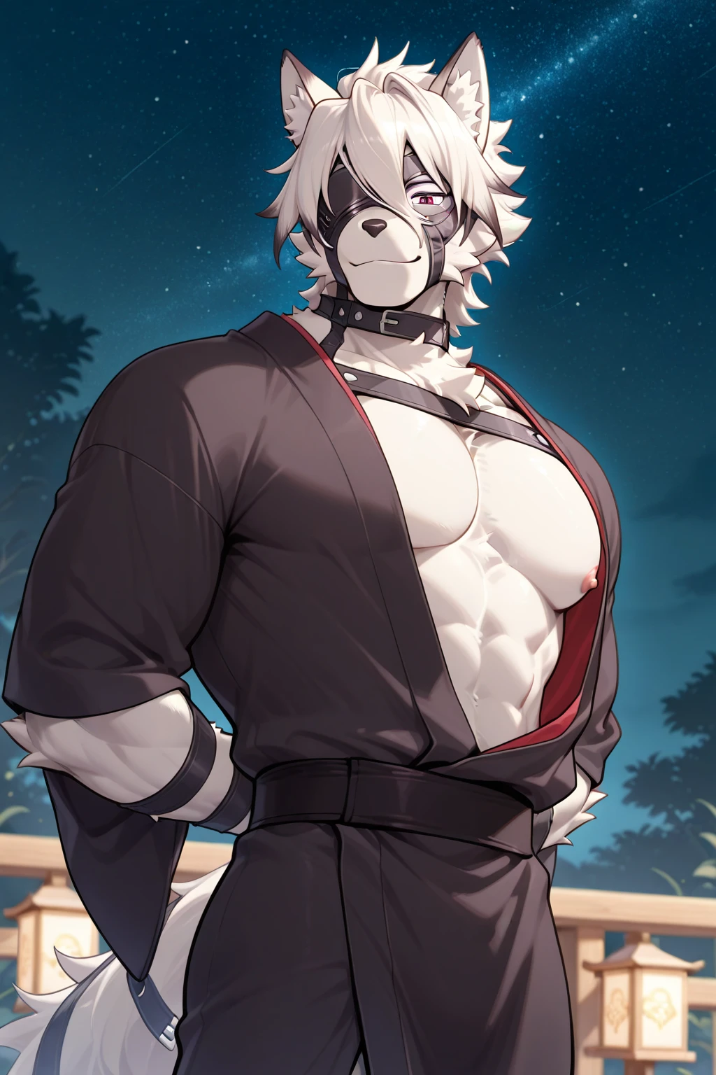 muscular daddy, hot daddy, big muscles, pubic hair, bara, muscular, long white hair, large pectorals, navel hai hot, furry, wolf, wolf ear, long tail, male, daddy, hot daddy, blushing, opened mouth, tooth, tongue sticking out, buff, hot, horny, sweat, sweating, wearing boxer briefs, wearing black hoodie(shirtless, hoodie, open hoodie, handsome), looking at viewer, smiling, shading, shaded, shiny skin, highres, ultra detailed, 8k, masterpiece, best quality,,