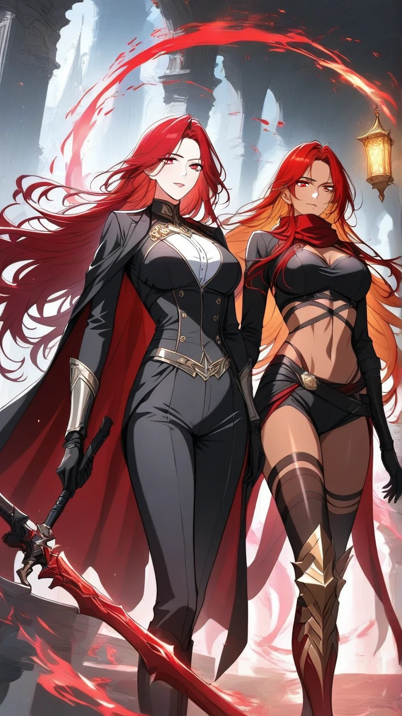 (masterpiece, best quality) an adult woman with very long red hair, ((walking through a village)), ((close)), cleavage, ((hood)), black ribbons, red leather, (profile picture), black bows, ((eyes covered)), bodysuit, cold look, queen, good anatomy, correct proportions, torn clothes, queen, yellow eyes, serious, mysterious appearance, blood, emotionless, straight bangs, very long red hair, Evil, (Yellow Eyes), Gothic, Medium Chest, ((Chest to Head Show)), Cinematics, Color Oil Painting, Solo, Cinematic Lighting, Extremely Detailed Face, Finely Detailed Face, Beautiful Face, Beautiful Eyes, Perfect Lighting, Depth of Field, Realistic Proportions, Good Anatomy