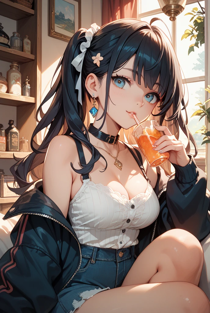 an angel woman sitting on a couch with a glass of beer, chubby mommy anime girl, top rated on pixiv, at pixiv, thicc, plump, voluptuous, pixiv, popular on pixiv, wide angel, pixiv, with a drink, 4k digital art, chocolate brown hair, small angel wings, heaving breasts, long sleeves, teal pajamas, long teal gown, thick long hair