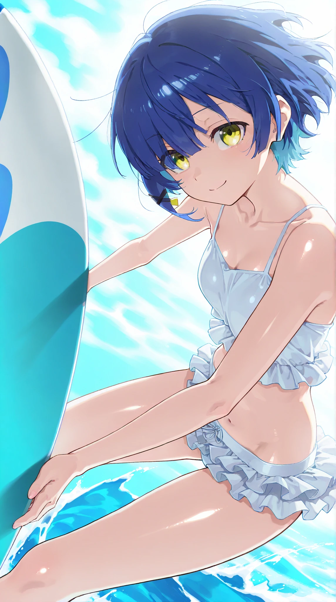 Short purple hair, Girl, presenting armpit, Dead reservoir water, Open stand, Smile, (full bodyesbian)