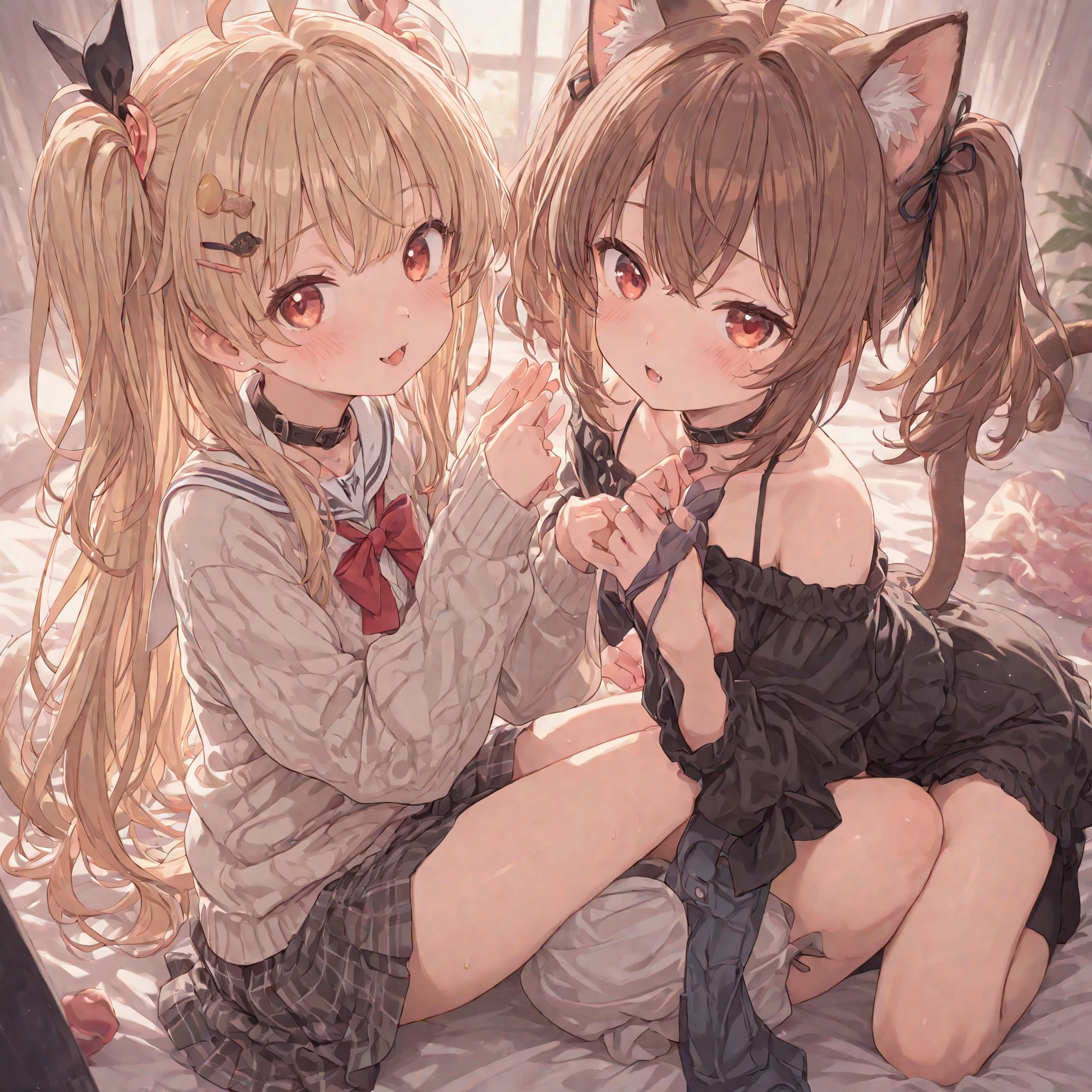 Best quality, (connected_dicephaly:1.1), (2 heads:1.4), 1 girl, One, black dress, White running shoes, Brown hair, green eyes, cat ears.