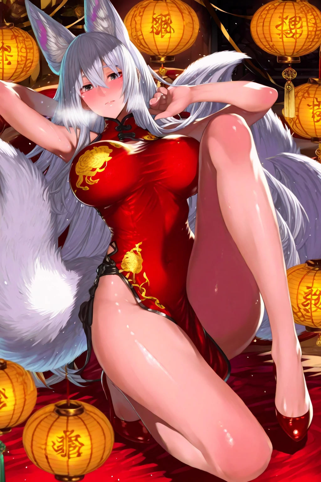 Fox Girl, adorned with a nine-tailed fox’s tail, stands boldly in an open frame. Kimono-clad, the art piece created by Iwata Toshiya and Tanaka Hiroshi, boasts a resolution of 8K. The renowned artist, Okuyama, collaborated with Kurosawa Kenji for its conceptualization. The fox girl's body, accentuated by the kimono's open chest, showcases a dominant, naughty アヘface with an emphasis on cleavage, revealing just enough bare skin to tease the viewer. The fox makeup and fox ears adorn her striking face,