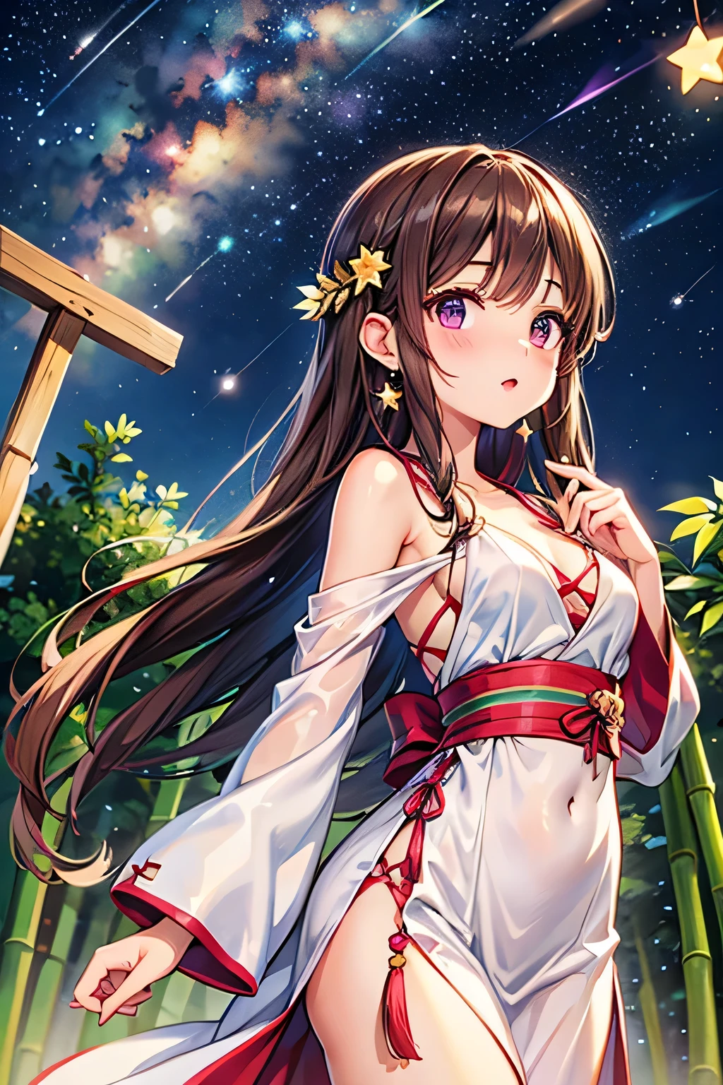 detailed background, masterpiece, best quality, 1girl, hakurei reimu, brown hair, hair tubes, hair ribbon, brown eyes, nontraditional miko, a forest full of purple and white trees, fireflies, water, purple theme, white theme, mystical, magical,sideboob,