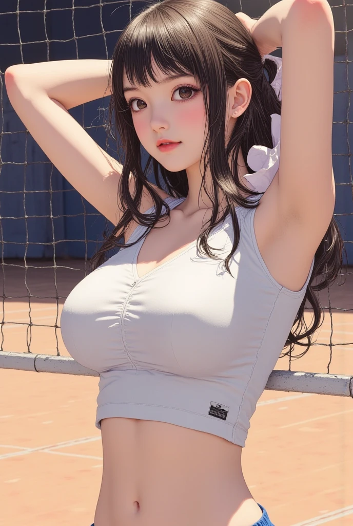 picture of a young lady in a soaked white torn tennis wear, (solo), white sneakers, (kpop idol), happy((crying)), micro((miniskirt)), wet pantie, (erectnipples:1.5), natural((medium breasts)), masterpiece, realistic, hyper-detailed, (glossy skin, sweaty:1.4), pee(incontinence:1.5), ((pubic-hair)). absurdity, looking at viewer, (short(high twin tails)), dark brown hair, (top quality), outdoors(blue sky, tennis court), dynamic(kneeling to sitting on the ground), (open your legs wide), ((spread legs)), from below angle((sexy, low angle, long hair, black eyes)) , (wet(see-through)), (peeing:1.4), delicate and sexy collarbone, charming oval face, double eyelids, big peach blossom eyes, pink lips, ((smiling, glowing eyes, sweat) ), simple background, full screen of chains, chained, ((arms up, behind head)), bondage, low angle , BDSM, Chained, Perfect figure, perfect anatomy, (sfw:1.15)