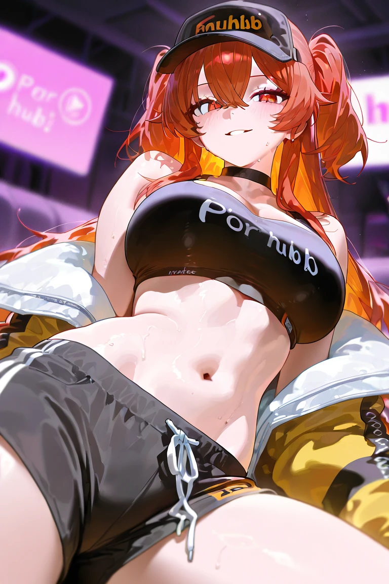 masterpiece, best quality, ((1girl)), (solo), (mai)), (crop shirt underboob:1.5), (thong), garter straps, choker, (graffiti:1.5), paint splatter, arms behind back, against wall, looking at viewer, armband, thigh strap, paint on all body, head tilt, seductive smile, ((best quality)), ((highly detailed)), orange hair, long hair, one eye closed, purple eyes, red nails, nail polish, breasts, belt, lips, mole, pink nails, headset, piercing, (curvy:1.2)