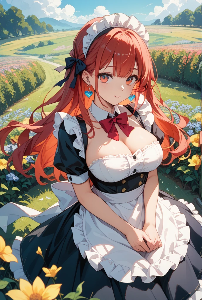 young lady almost 20 years old with long red hair with bows blue eyes rosy cheeks with dark skin with cow ears and horns wearing maid uniform in a flower field, tan, dark skin, Huge breasts, hairstyles