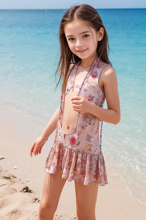 mermaid with pink tail, caramel hair, brown eyes, wears a pink seashell decorated top, wears small seashell accessories and pearl beads decorating tail, wears a pink headband with seashells and starfish on it