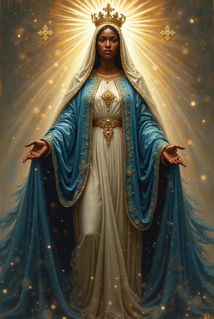 an image of the  mary with her arms outstretched and her hands on, reddit, majestic saint woman, queen of heaven, madonna genderbend elegant, saint woman, madonna, jayson tatum as mother mary