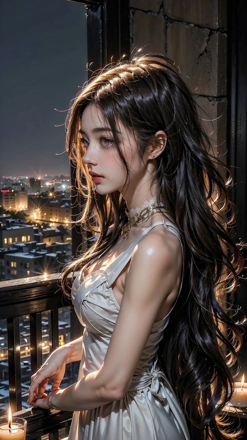 (32k:1.5, Highest quality, masterpiece, Ultra-high resolution), Dynamic configuration, Professional camera work:1.6, Very detailedな肌と顔の質感:1.3, Captivating portrait:1.3, Very accurate, Very detailed, 1 adult female, ((Amazing night view from the rooftop, The moonlight at night illuminates my body)), (Satin Nightgown:0.5), Incredibly slim body, Fair skin, elegant features, Expressions of sadness, (Big eyes that exude beautiful eroticism:0.8, Sad expression:1.0, I love you with all my heart:0.8, Please open your mouth a little, lipstick, Feel the beautiful eroticism:0.8), (Wet dark brown medium length hair), Candles, The chest is medium, Earrings, necklace, bracelet, romantic, Tilt, Sit Sensually, ((Adult charm, Feminine charm, Hair blowing in the wind))