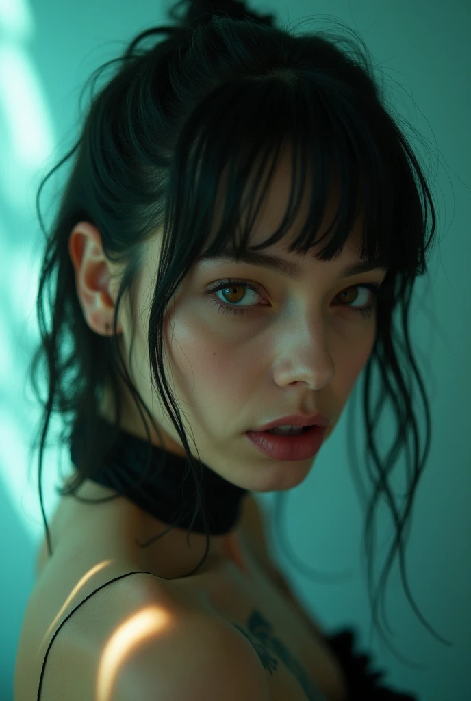 Best quality, masterpiece, ultra high res, (photorealistic:1.4), raw photo, 1girl, wet hair, wet body, water drop on the skin, directed by shane mcmellen, in the style of neon-lit pop art, photo taken with ektachrome, distorted portraiture, surreal sculpture, gothic dark and moody tones, softbox lighting, instax film