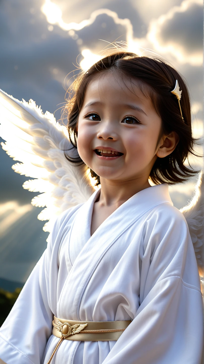 Cute Baby Latino Boy Cupid with Big Wings. happy face. Dressed in white tunica of very intricate lace. (sitting on cotton clouds). Digital painting, artstation, concept art, soft focus, sharp, illustration.