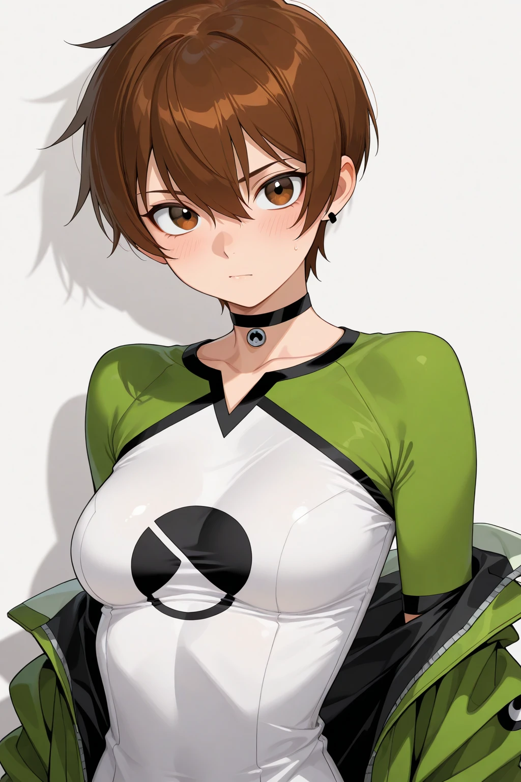 A girl with short light brown hair, dark green eyes, and cute breasts., sportswear