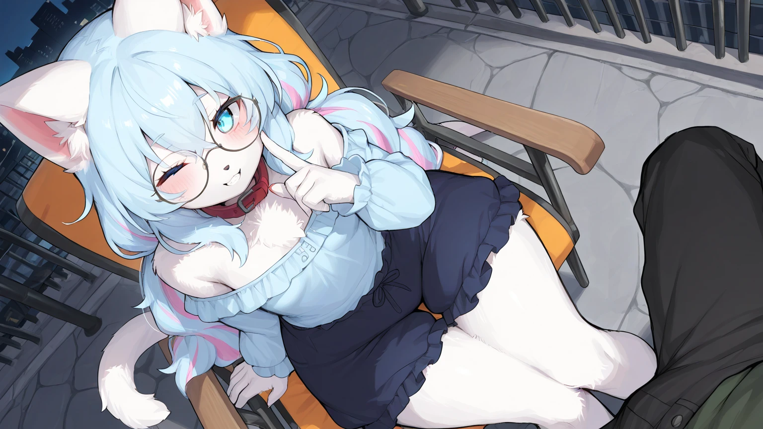 rabbit girl,blue long hair wavy hair,white rabbit ears,white rabbit tail,white fur,glasses,maid outfit,maid headdress,white glove,white stocking,ribbon bowtie,looking at viewer,flower garden,smile,seductive face,heart eyes,upper body only,squat,low angle