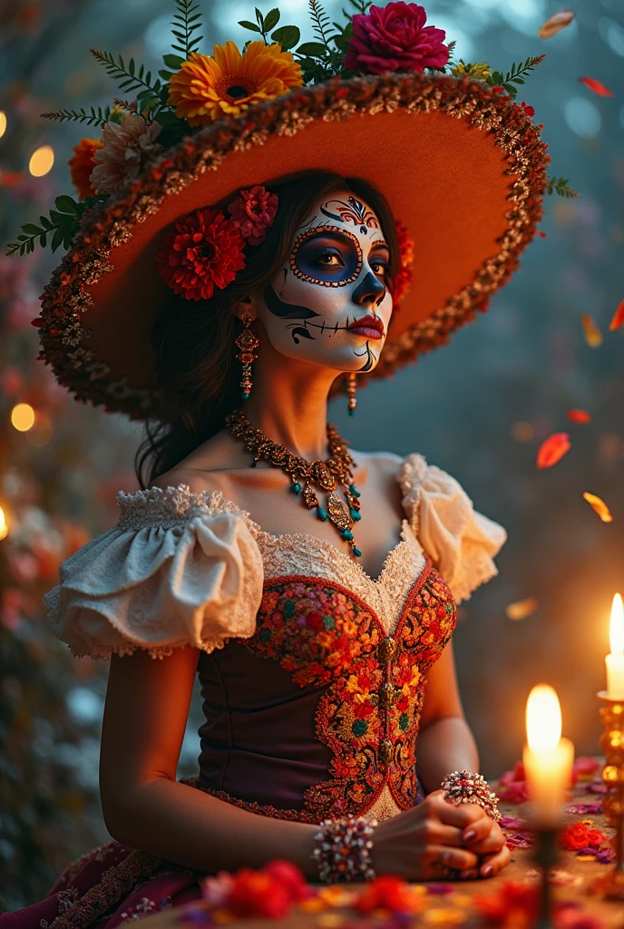 Hiperrealistic cinematic poster of a woman wearing a vintage dress and a vintage hat adorned with ostrich feathers, standing in front of a Day of the Dead ofrenda. The scene is illuminated with orange-tinted lighting, creating a warm and mystical atmosphere. The woman has traditional Catrina makeup, blending elegance with cultural heritage. Behind her, there is a natural water canal surrounded by natural trees, with a bokeh effect in the background. Soft raindrops fall, gently illuminated by the candlelight in the background. The poster has a standard cinematic size of 24x36 inches. Ultra-detailed, 4K resolution." 4k, hyperrealistic, cinematic lighting, vintage fashion, Day of the Dead, Catrina makeup, orange lighting, bokeh