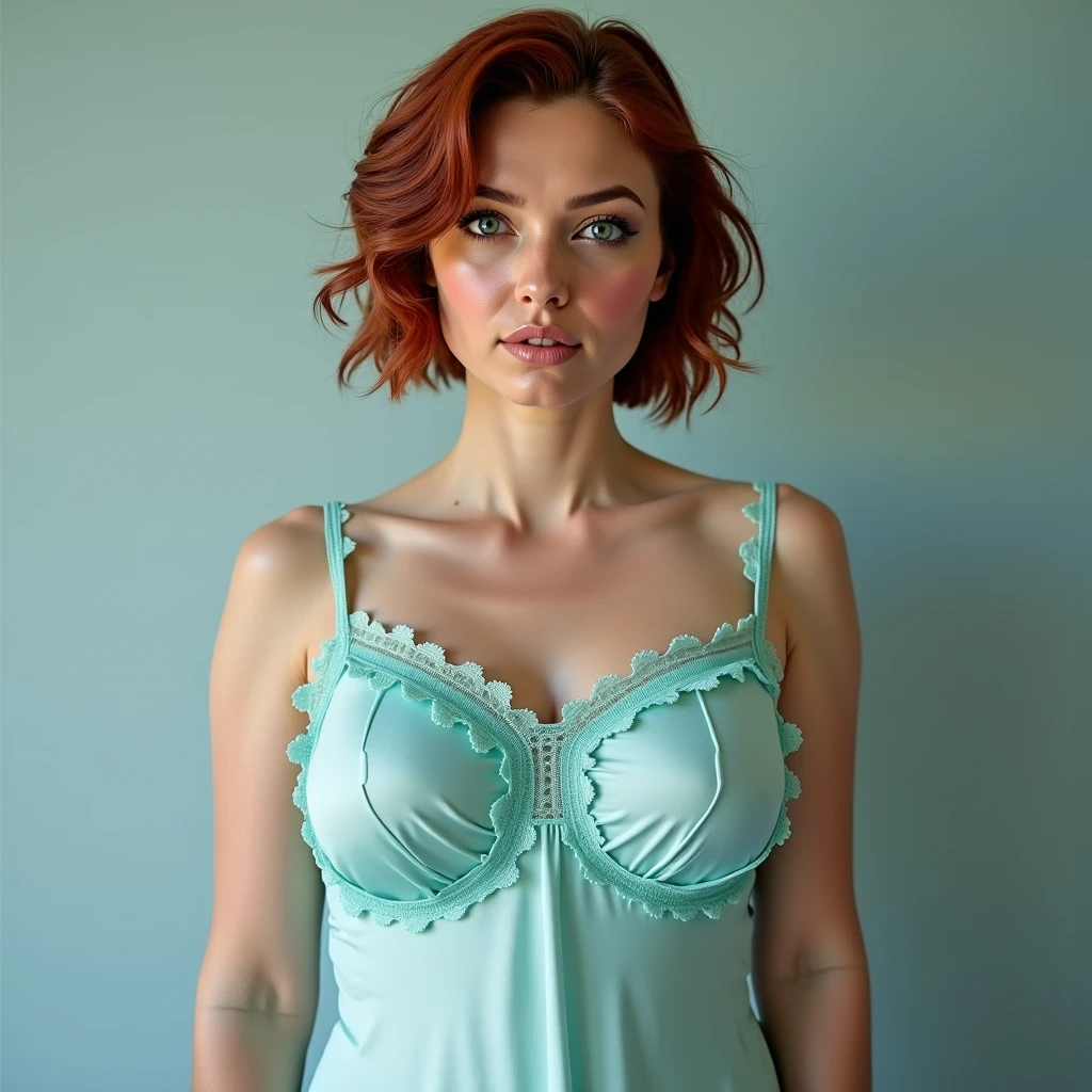 high-definition ultra realistic very natural three quarter shot of a redhead woman with freckles and lipstick. She has, short disheveled bob haircut. She's dressed in a blue silk fluid dress with thin straps, deep neckline and thin steaps. She has very huge breasts. Behind her, a vintage floral torn wallpaper. Natural skin, visible pores. photo, portrait photography