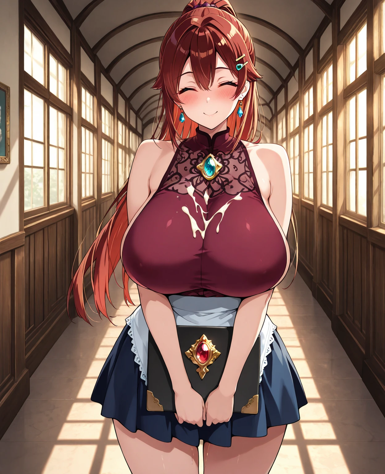 Chica, sentada en una silla, camisa transparente,sweating on a hot day, pezones visibles,pechos gigantes,pechos enormes, tomando agua, con minifalda, showing her thigh,con vestido de ama de llaves,ojos serrados, relieved expression,