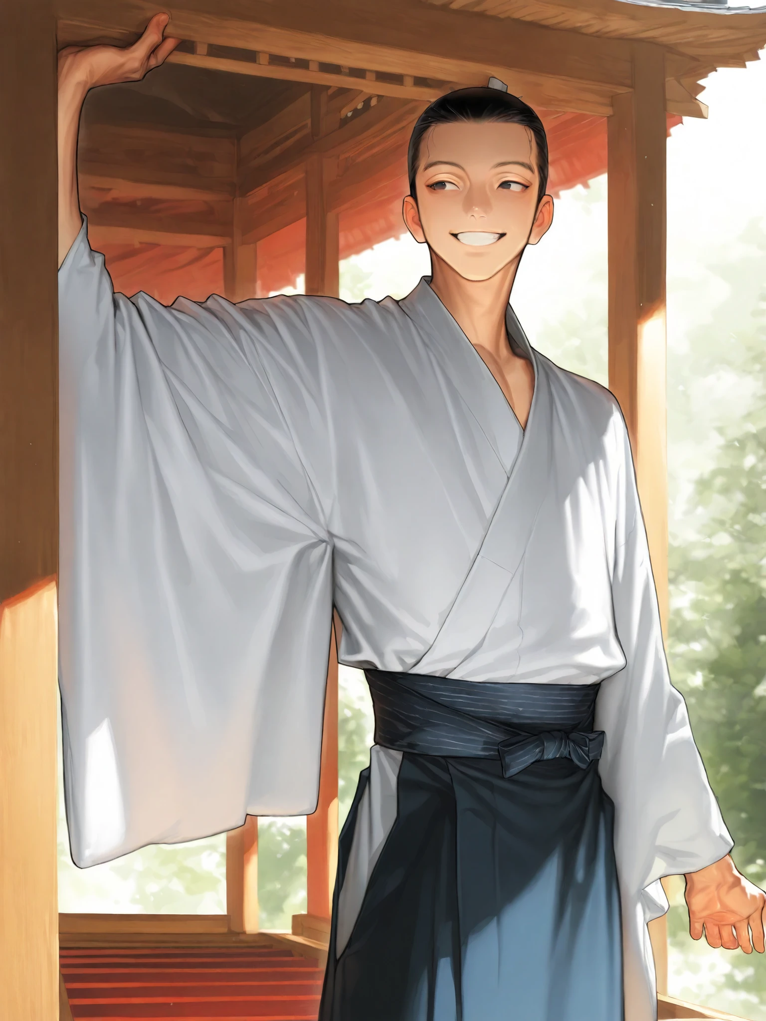 1man,pose ,in shrine,(1man,very cute),forehead,black eyes,gentle,smile,kimono,japanese monk,beautiful face,detailed clothes,masterpiece,high quality,(perfect detailed illustration ),masterpiece,8k,high quality,