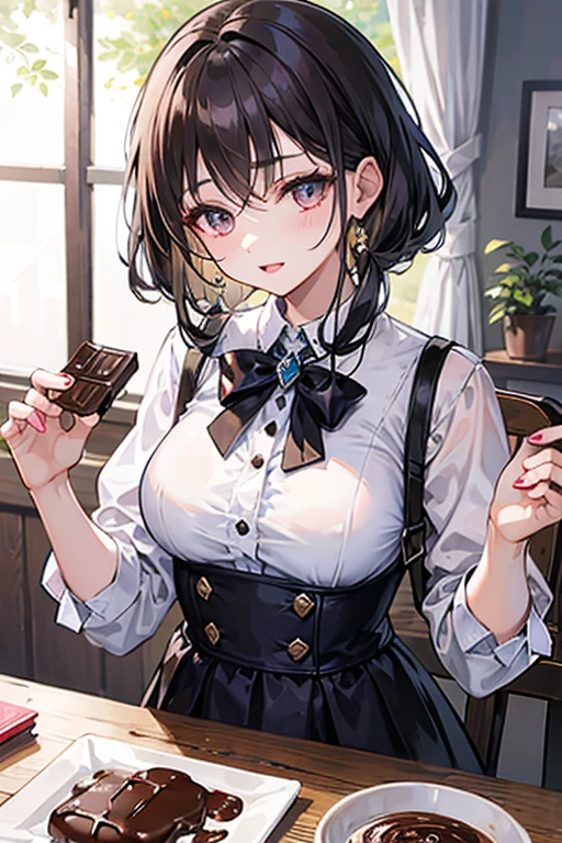 1 girl, small nose, very beautiful detailed face and eyes, bright colors, cute face, delicate beautiful face, Bright magenta eyes, cute eyes, sparkling eyes, Big eyes, (big breasts:1.3), (perky chest:1.1), (pointed chest:1.0), (cake magazine cover:1.3),highest quality, WorKs of masters, High resolution,BlacK color hair,shiny hair, side ponytail,hair between eyes,bangs, (black jacket, real clothes, cleavage, black skirts, black thighhighs, thigh strap, fingerless gloves, single glove:1.2) , spread legs, panties shot, medium hips, glamorous body, white skin, smile, thin pubric hair, super beautiful face, Super beautiful eyes, Super beautiful hair,trendy outfit,sexy and attractive,full body esbian, Real World, Natural light,perfect Natural light,(with sparkling eyes and a contagious smile), This masterpiece is not only visually stunning but also tells, make of cake cooking , in the kitchen, open mouth, looking at viewer,