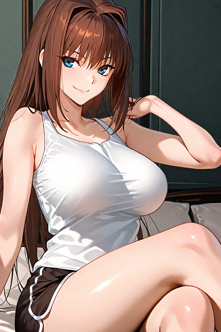 (masterpiece),((Highly detailed hair)),((expressive eyes)),(Highly detailed sexy white lingerie),happy expression,extremely beautiful mature woman, milf,best quality,cel shading,8K ,ultra HD,highly detaild face, highly detaild eyes,flat color,(fullbody angle),standing,high contrast,contrapposto,beautiful house,aaitoe, brown hair, brown eyes, earrings, jewelry, long hair, lips, ponytail,(huge breasts)