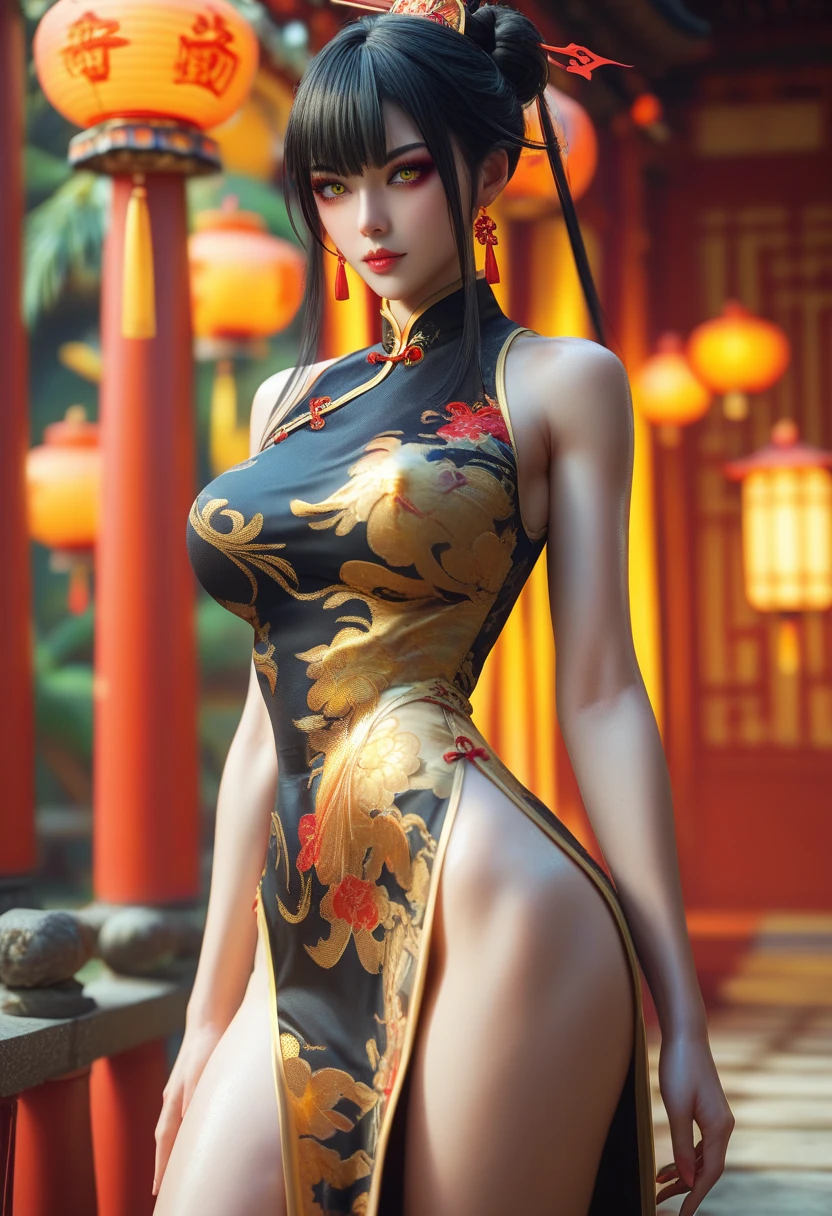 Chinese Idol　Mature Woman　Blonde chignon with bangs　short hair　Smokey makeup black mascara　Bright red lipstick and plump lips　Super shiny metallic turquoise Chinese dress style competitive swimsuit　garter belt　Big Breasts　Duck mouth　Sweaty, shiny skin　Armpit　　A rooftop with a beautiful view of Beijing&#39;s nightscape　Blushed cheeks