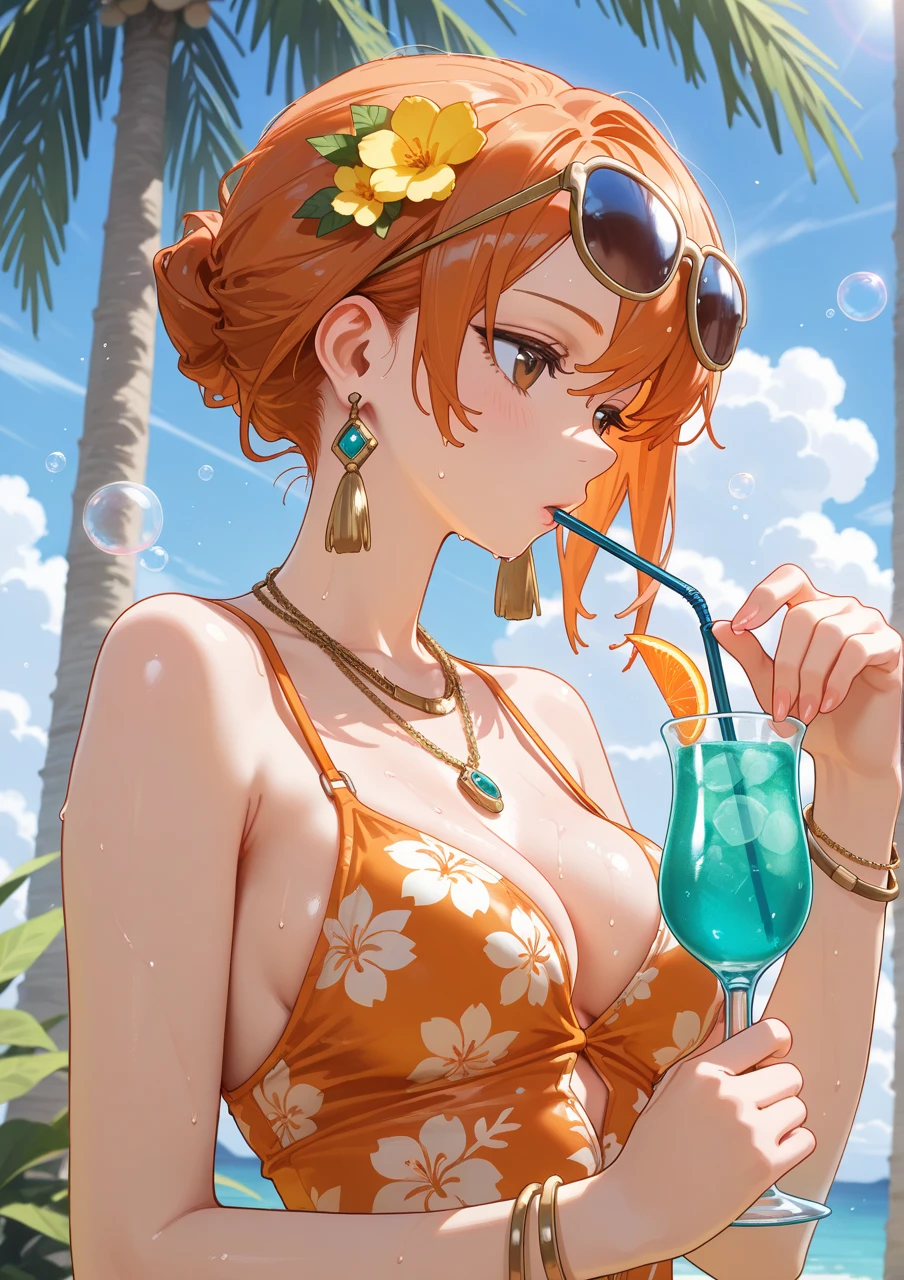 score_9_up,score_8_up, 1girl, solo, green eyes, burgundy hair, braid, long hair, ((blush)), closed mouth, smile, big breast, pose, (thin girl:1.2), (bubbles), ((entertainment park)), sunglasses, (glass with a straw)