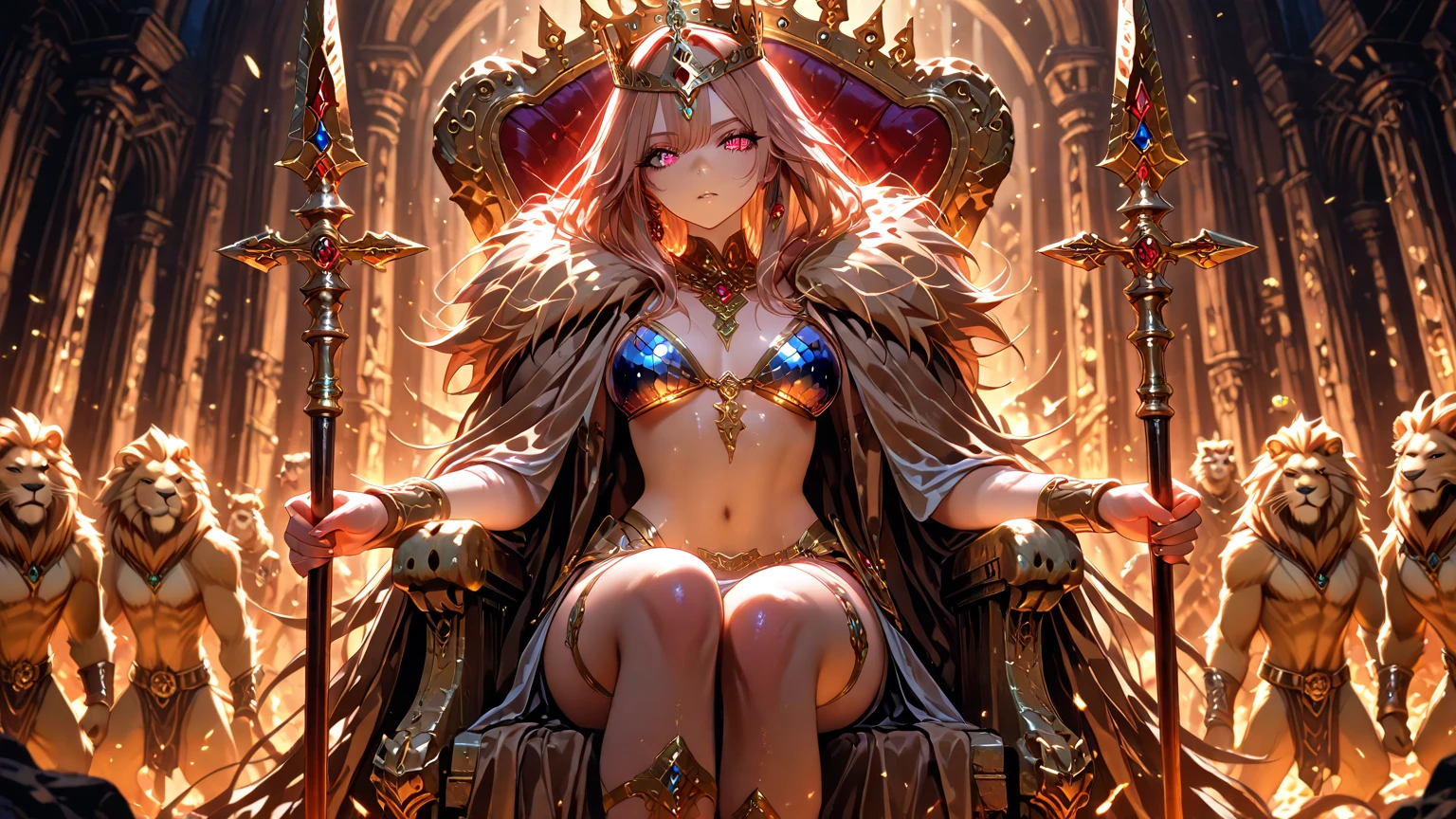 ((Masterpiece, highest quality)), ((Cinematic Light)), Fantastic, Wisdom, Devil, Mix, Horror, Dark Fantasy, Detailed Armor, (Insanely Detailed, Flower), Detailed Long Boots, Beautiful Detailed Eyes, Pink Hair, Long Hair, ((Floating Hair)), Navel, Long Cape, Otherworldly, Luxurious Gold Decoration, Throne Room, Sitting on the Throne, Large and Luxurious Throne