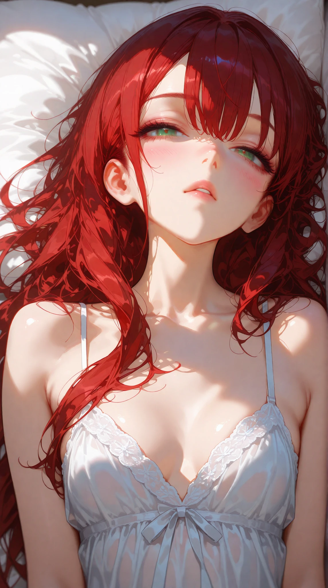 masterpiece, best quality, absurdres,1girl, gorgeous, lying on a bed of roses, redhead, long wavy hair, full body shot, from above, opulent, sumptous, parted lips, dreamy, longingly, (detailed face), bare belly, soft lighting, limited palette, shades of red and white, (red roses all over the background:1.4),nice hands, perfect hands