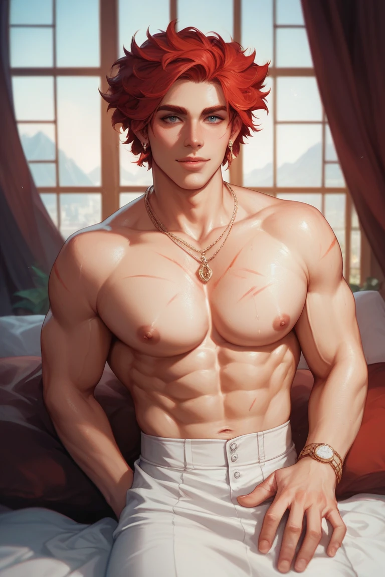 (RAW photo, best quality), (realistic, photo-realistic:1.3), masterpiece, extremely detailed, CG, unity , 8k wallpaper, Amazing, finely detail, extremely detailed CG unity 8k wallpaper, huge filesize, ultra-detailed, highres, absurdres, soft light, tan skin, detailed fingers, extremely detailed eyes and face, beautiful detailed nose, beautiful detailed eyes, light on face, looking at viewer, (1man), Richard madden, realistic face, realistic body, underwear, shirtless, big erect bulge on underwear,beard, red hair, ginger