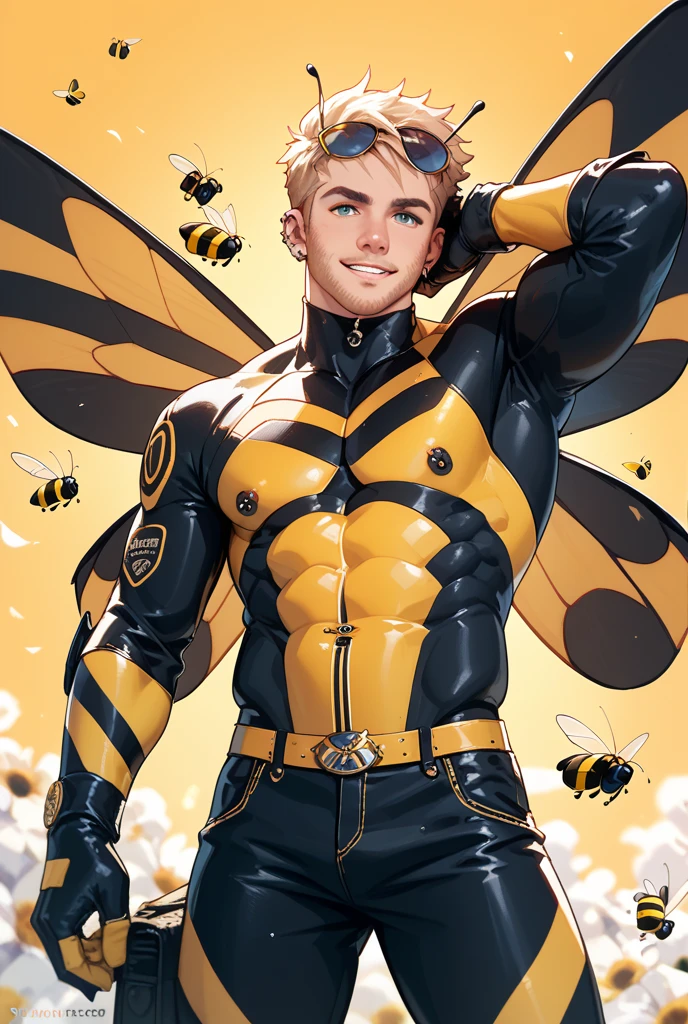 (8K, RAW photos, Highest quality) masterpiece, 1 male, 18 years old, bee man, black hair, good body, has skin like a bee, black and yellow mottled skin. Body covered in honey. has bee antennae on the head, has bee wings. ,Asian muscle man,,outlining his big breasts and muscular, sexy six pack. Show the whole body, naked ((genitals covered with a yellow scarf) (. sitting in a pose on a pile of honeycomb.