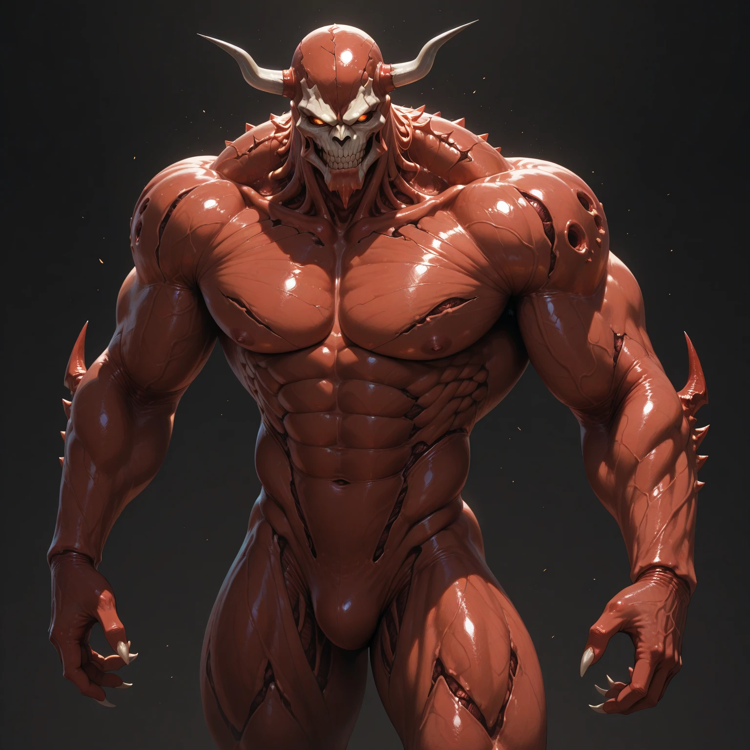 (megan fox), ((((((1 muscular demon girl)))))), (((huge upper body))), long hair, ((((huge demon wings))), (((pale skin))), (((sharp teeth, Huge horns, large nails))), navel, ((((full body front view)))), (((perfect hands, perfect fingers))), (((black empty background)))