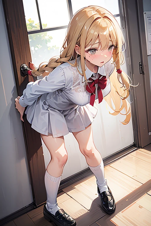 masterpiece, Highest quality, High resolution, 1 in, Side Ponytail, Long Hair, Ahoge, White shirt, Blue Skirt, Long sleeve, Red Bow, White socks, Are standing, Cowboy Shot, indoor, School corridor,Disgust,anger,Open your mouth,wear randoseru backpack,((Butt,Panties in full view)),((Skirt Lift)),