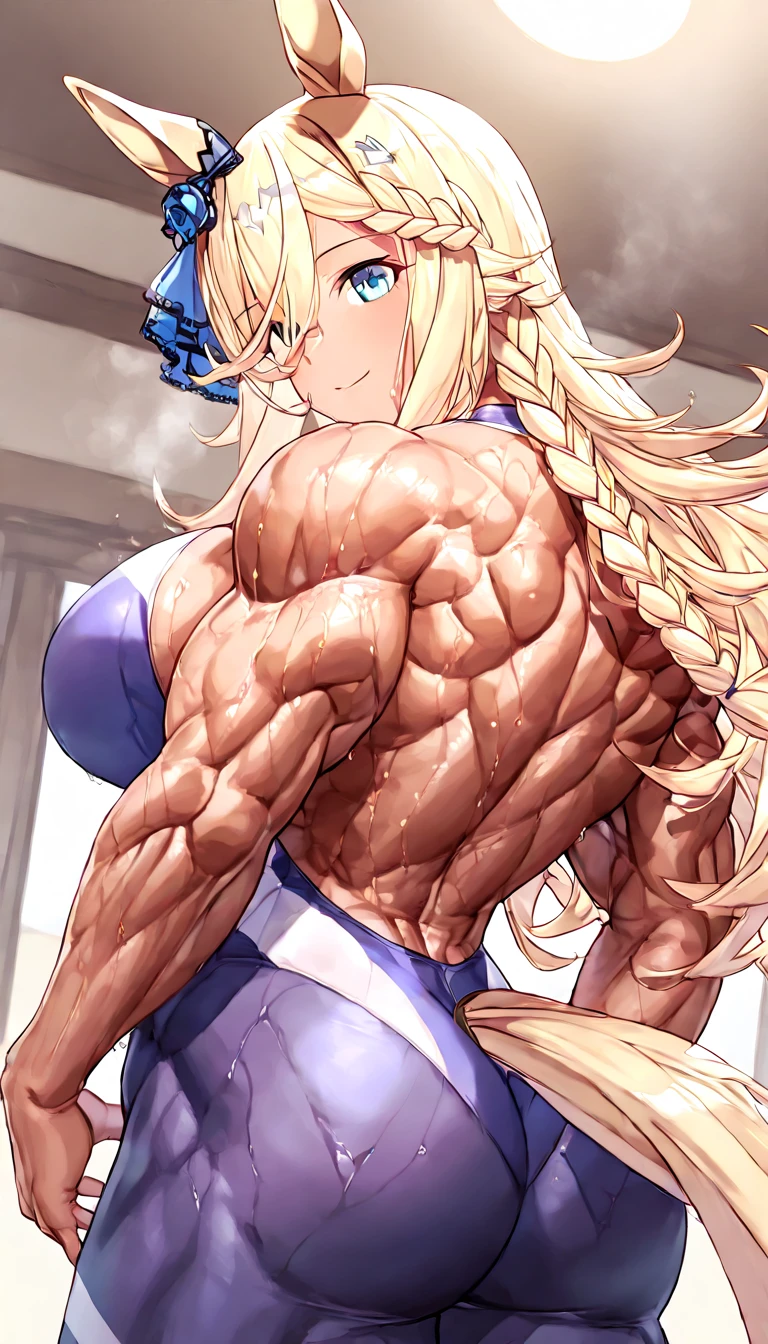 Super detailed、highest quality、best image quality、masterpiece、8K、anime face、gentle smile、shining blue eyes、blonde curly hair、(SFW huge body)、(((Rear view)))、cowboy shot、Wearing a thong、whole body muscles