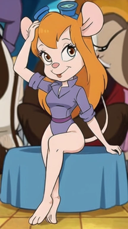 gadget_hackwrench, tiro de cowboy, sorriso, solo, bikini, botas altas, (alta qualidade: 1.2), obra-prima, detalhado, highres, 4k, foco nítido, estilo simples, desenho animado, [[anime]]
