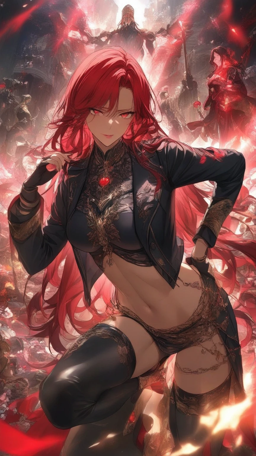 ((Sketch)), (Watercolor), 1girl, long red hair, drill hair,, red eyes, beautiful eyes, pointy ears, detailed lips, pout, choker, collarbone, bare shoulders, small breasts, wide hips, (black revealing clothes with blue ornate), (pelvic curtain), center opening, thigh gap, black fingerless gloves, (pink flames, pink fire background), hip dips, thick thighs, perky breasts, half body, close up, portrait, lying down, half-lidded eyes, kimono, posing