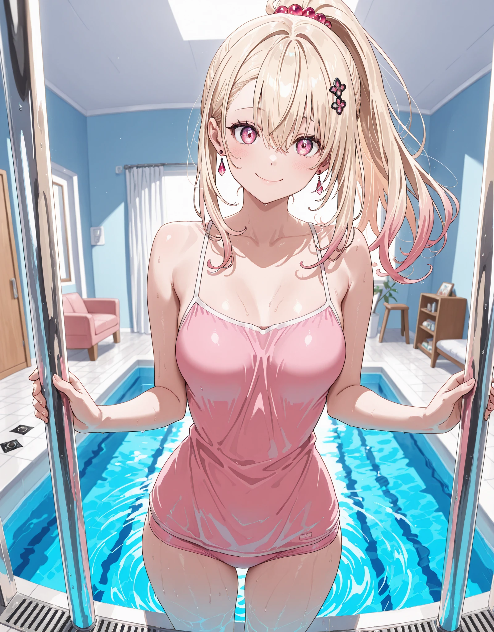 (masterpiece), best quality, expressive eyes, perfect face, Sexy female, (((bimbo))), blonde hair, blue eyes, huge breasts, huge butt, full body, seductive, (1girl), pink high heel sandals, ((pool background)), (((skimpy pink sling bikini)))