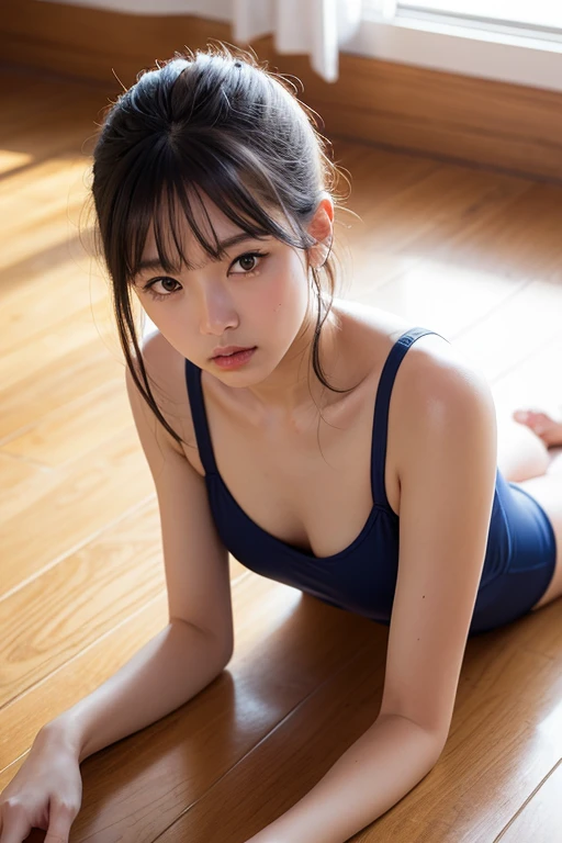 15 year old girl,Japanese,紺色のschool swimwear,school swimwear,Dark blue one-piece swimsuit,huge breasts,open your legs,M-shaped legs, 1 girl per photo, full body shot, View from the front, Japanese young cute girl, luxurious appearance, super cute face, best smile,glossy lips, sweaty body, double eyelids in both eyes, natural makeup, Shiny and smooth light brown long hair, asymmetrical bangs, tanned skin, center image, 8K resolution, high detail, detailed hairstyle, detailed face, great cinematic lighting, octane rendering, vibrant, surreal, perfect limbs, perfect anatomy