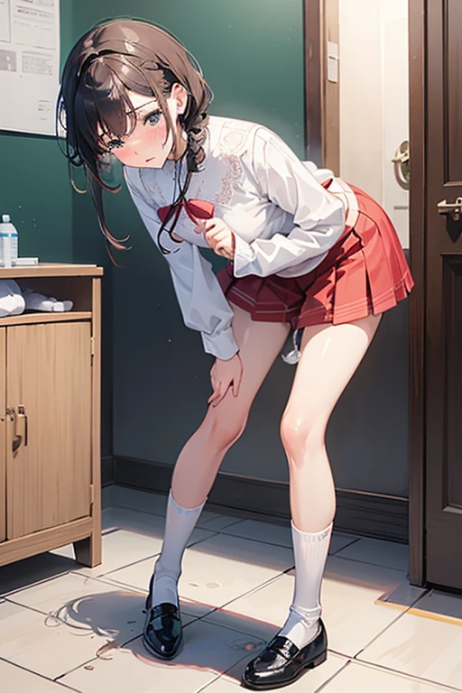 (((((Dildo on the floor:1.5, standing, spread legs:1.5, Point your knees outwards:1.5 ) behind head,spread legs, Push your hips forward,pussy juice , Voluptuous body, Slut、No pants, (Dildo on the floor, standing, spread,arms behind head, Point your knees outwards:1.5, Sweat,)))), Realistic composition, Doujinshi scene,, Big Thighs, Pleated skirt, White Shirt, Angry face, blush, from below