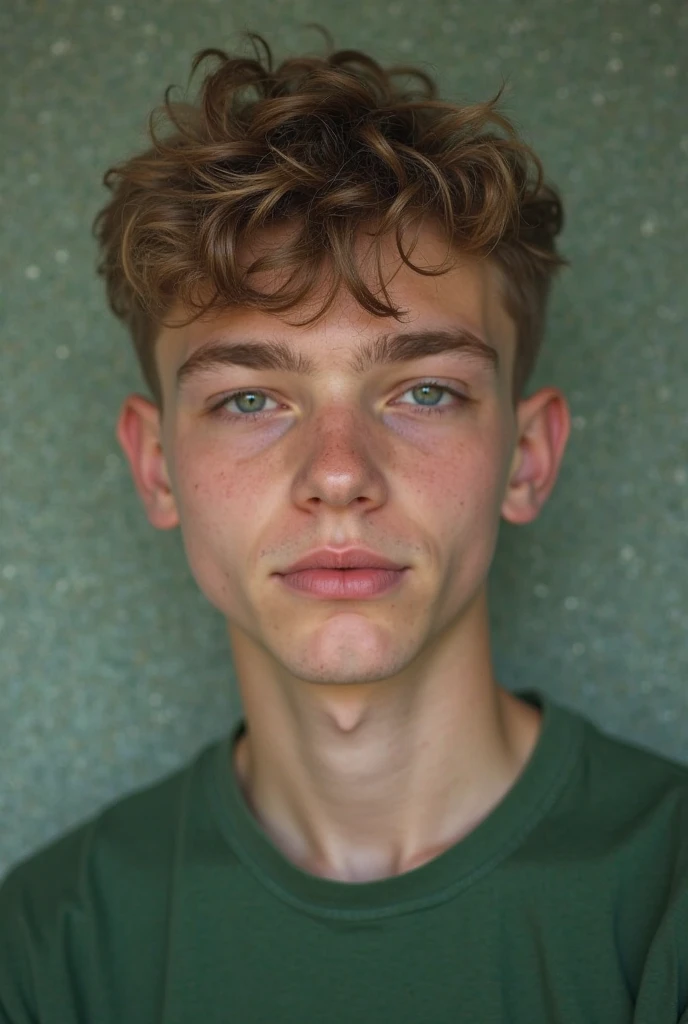 A 16-year-old white boy with a sharp jaw and some freckles with slightly short hair., Slightly messy wavy hair and green eyes.. Height of 1.80