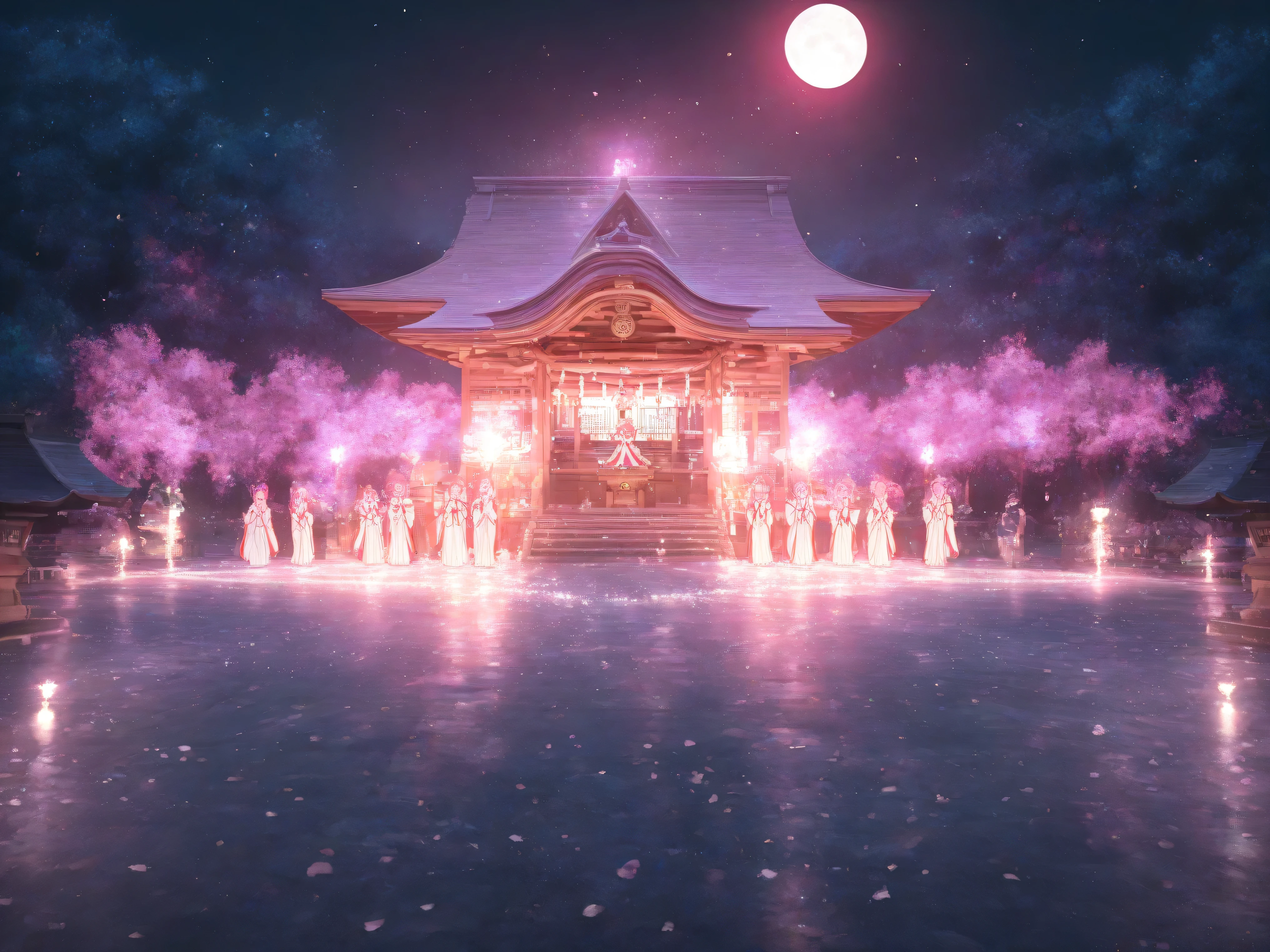 womanhood, pink hair, Shrine maiden, Kamiru bell, moonlight, shrine, Natural Light, Thinning, ceremony, mysterious, fantastic, Digital Art, High Quality, 4K, Precise Details , professional, vivid color