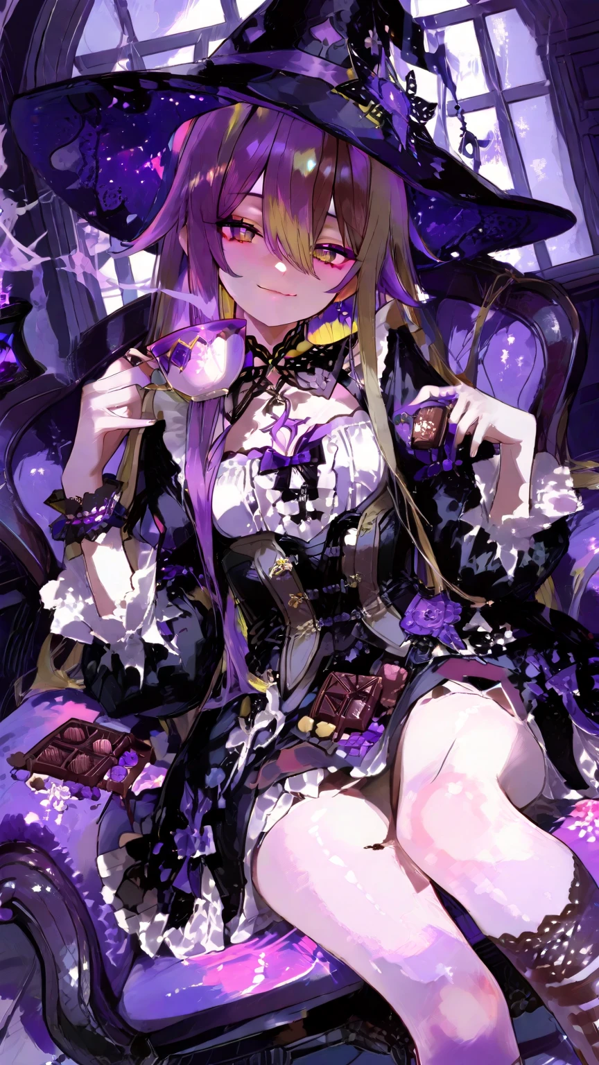 masterpiece, best quality, a beautiful and detailed portriat of muffet, monster girl,((purple body:1.3)),humanoid, arachnid, anthro,((fangs)),pigtails,hair bows,5 eyes,spider girl,6 arms,solo,smile, clothed, open mouth, awesome and detailed background, holding teapot, holding teacup, 6 hands,detailed hands,((spider webs:1.4)), storefront that sells pastries and tea,bloomers,(red and black clothing),inside,pouring into teacup,muffetwear,wide angle lens, fish eye effect,